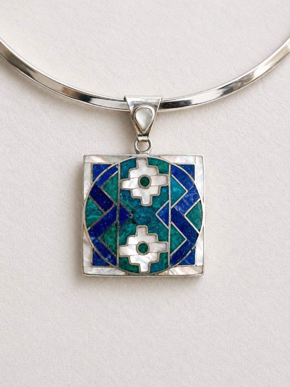 Handmade Peru 950 Silver Lapis & Mother of Pearl Artisan Pendant